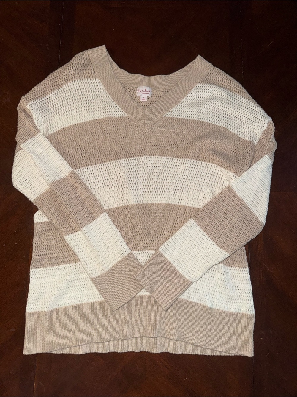 Striped V-Neck Knit Sweater in Cream and Tan